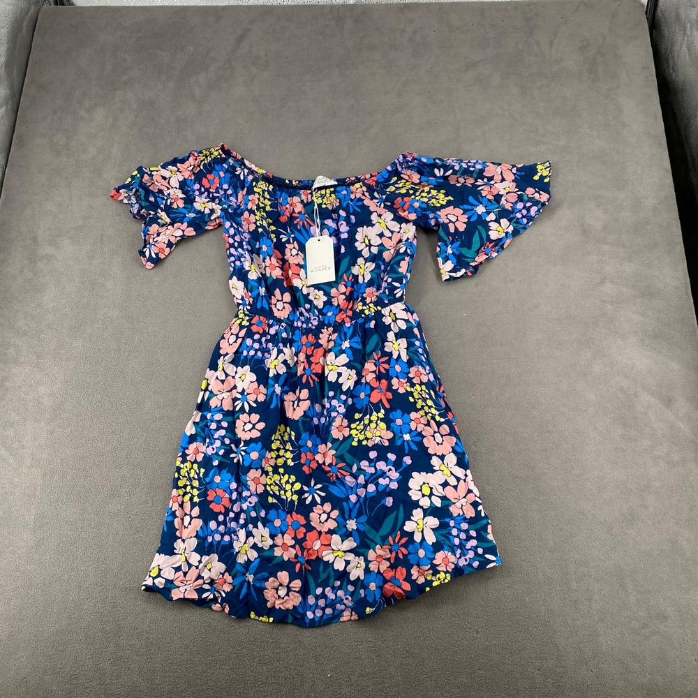 Emily Wonder Navy Floral Off Shoulder Mini Dress Small NWT Rayon Boho Summer